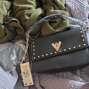 Valentino Orlandi Black Shoulder And Crossbody Bag with Gold Studs